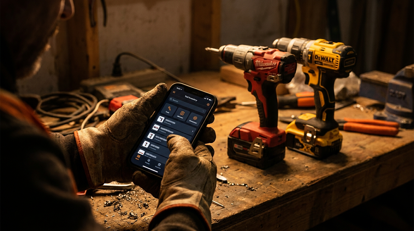 A contractor reviews their tool inventory on a smartphone, comparing Milwaukee ONE-KEY vs DeWALT Tool Connect features with drills in the background.