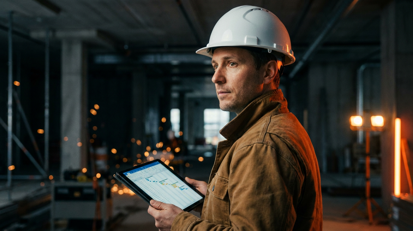 A contractor reviews a project plan on a tablet, comparing Monday.com AI vs Asana Intelligence.