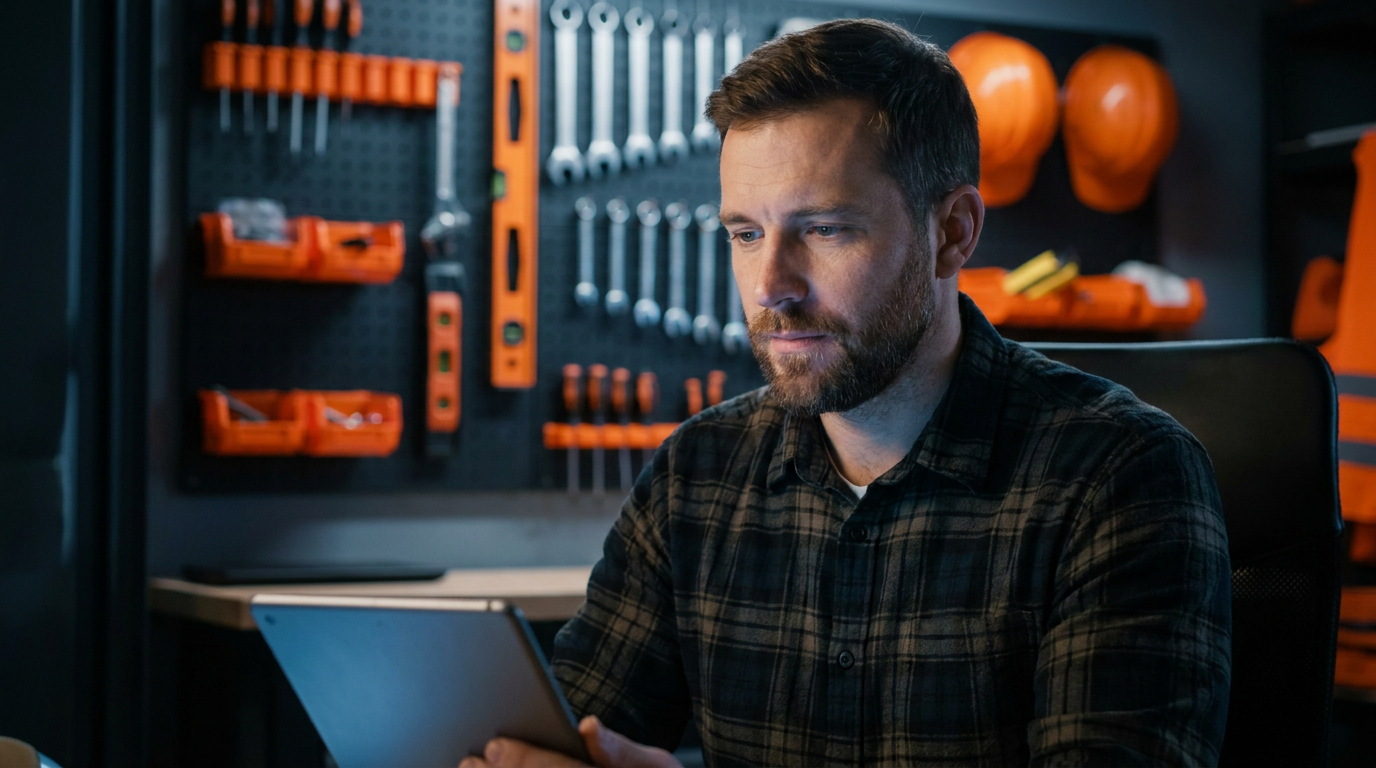 A contractor reviews a project on a tablet, considering the benefits of monday.com AI features for contractors in their workflow.