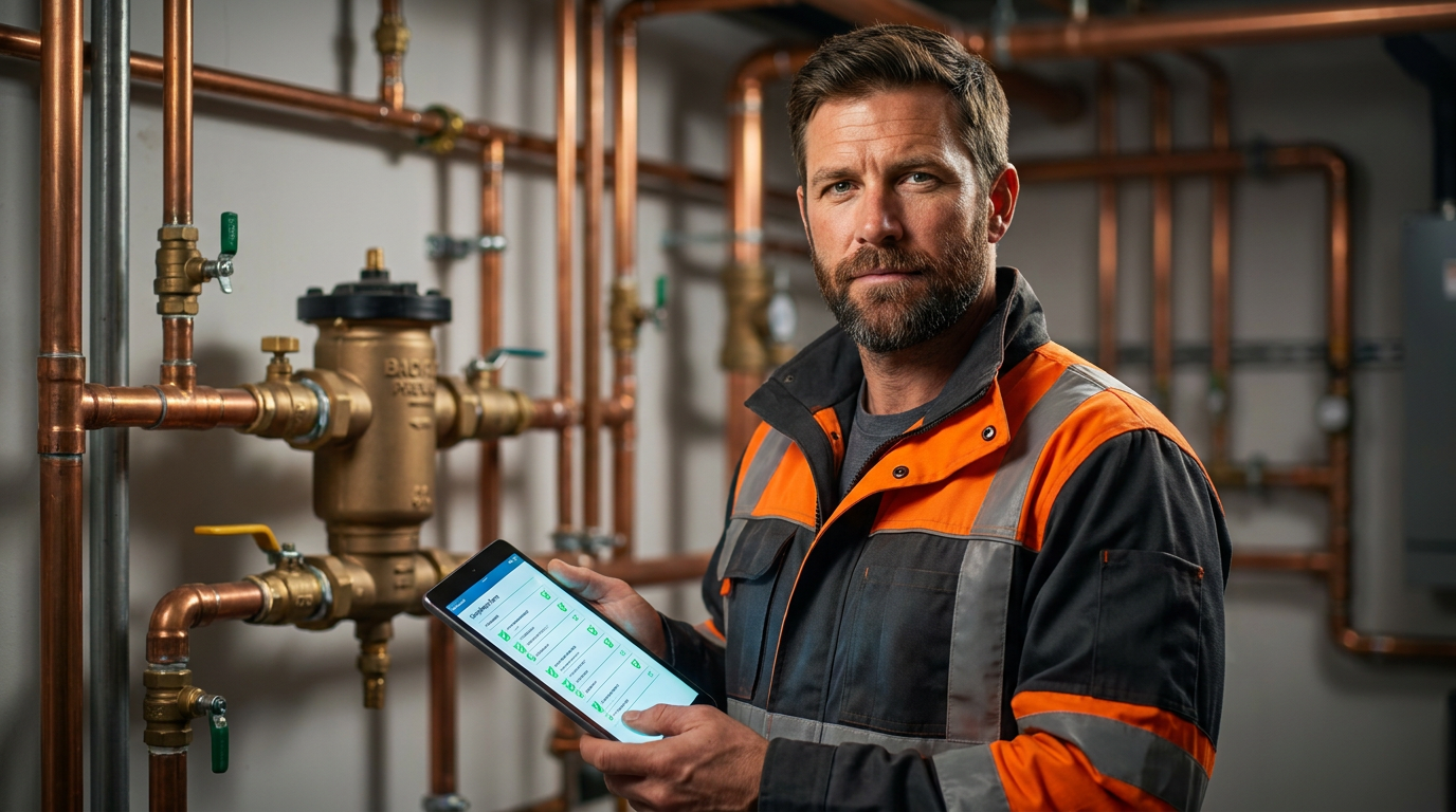 A plumber using a tablet with AI tools for backflow prevention testing compliance in New York.