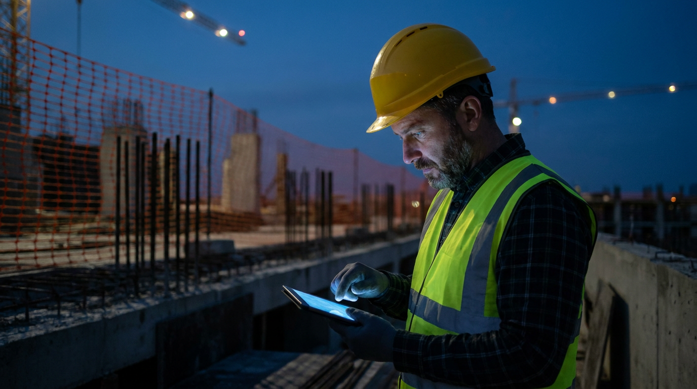 A construction manager reviewing project data on a tablet, illustrating the OpenSpace vs Buildots AI comparison for jobsite tracking.