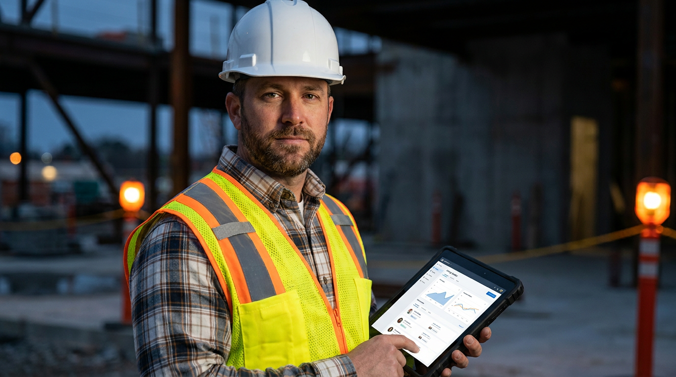 A tradesperson reviews applicants on a tablet, illustrating a comparison of Paradox AI vs Fountain AI for high-volume trade hiring.