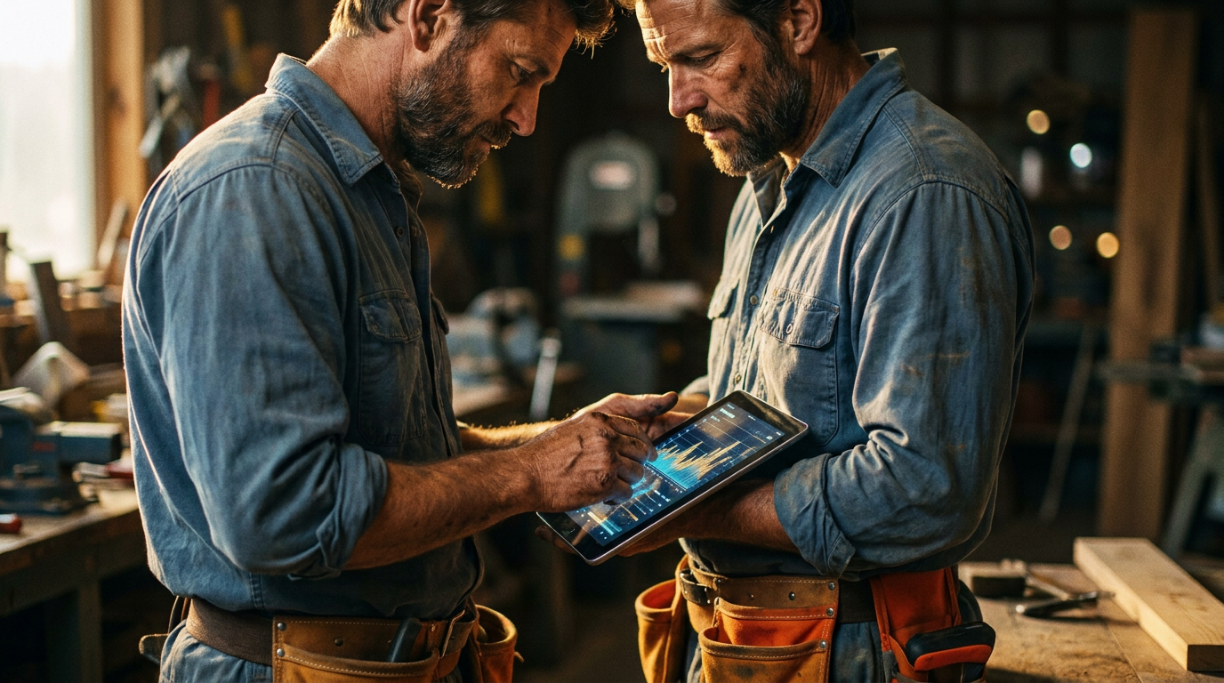 A contractor uses a tablet, demonstrating the practical application of Perplexity AI for contractors in a workshop setting.
