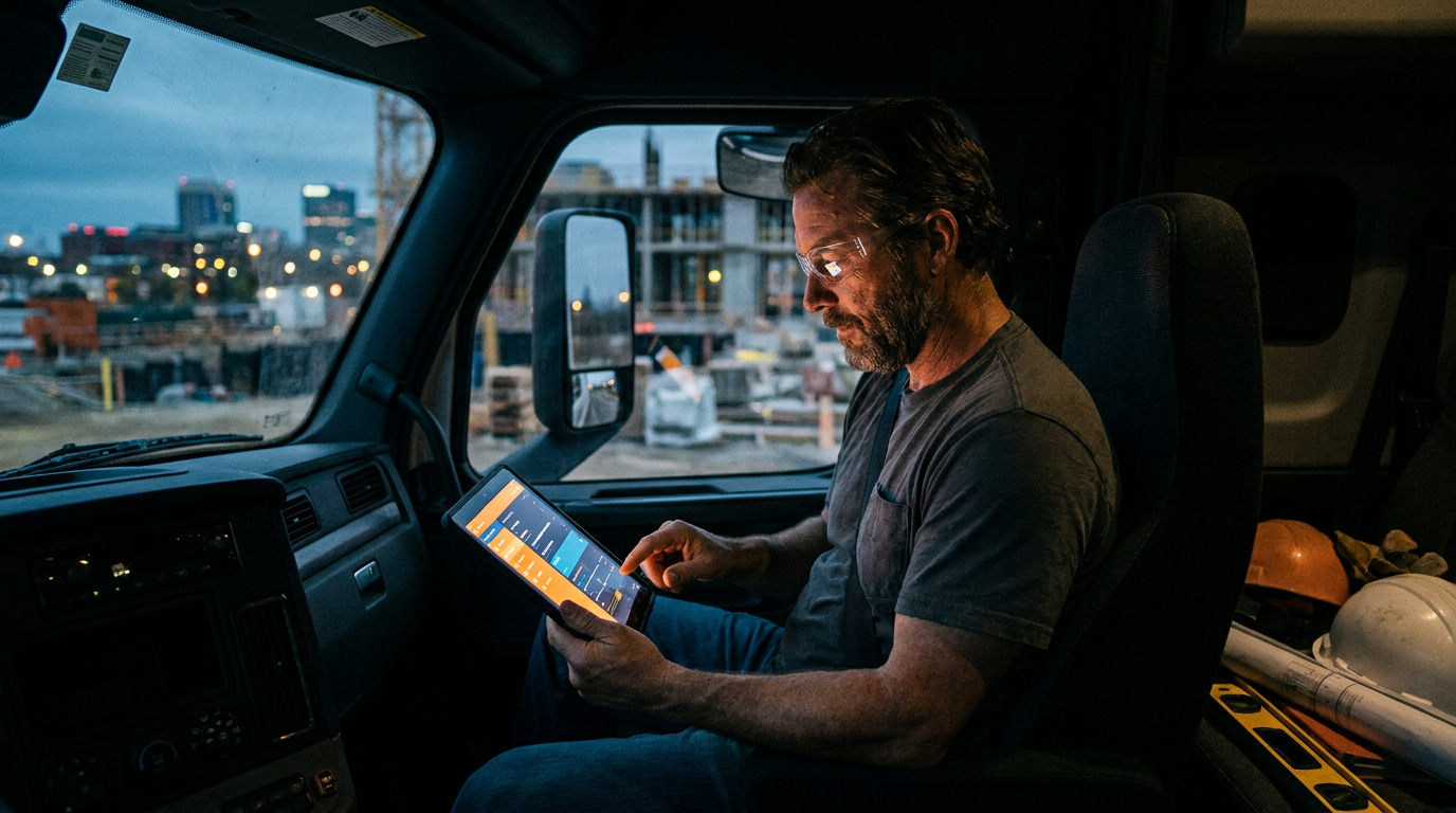 A contractor in his truck at dusk reviews his sales pipeline, comparing Pipedrive AI vs HubSpot AI on a tablet.