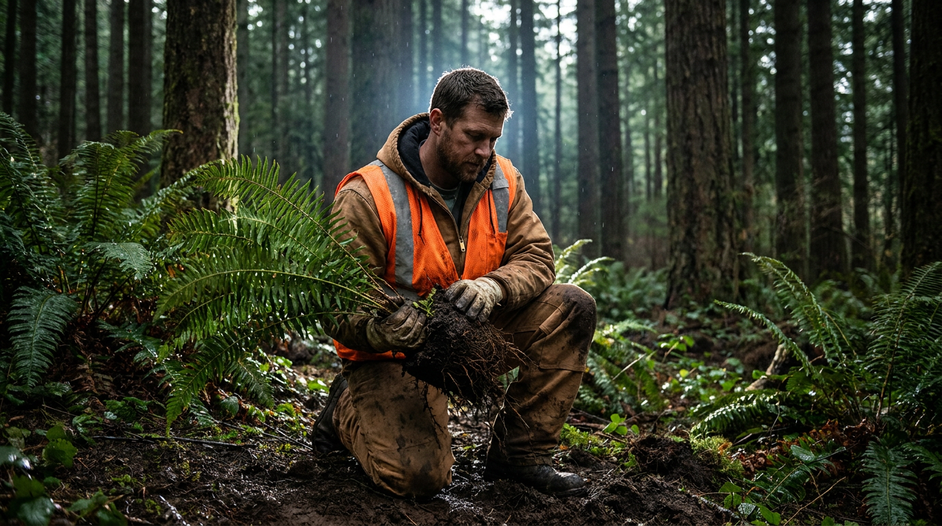 Pacific Northwest landscaper using AI for native plant selection on a damp jobsite