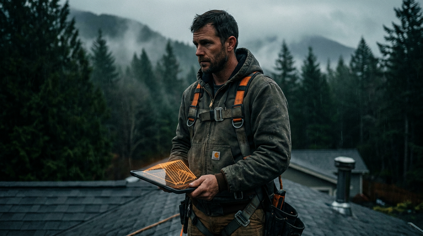 A roofer in the Pacific Northwest using a tablet with AI tools for moss removal quoting on a residential roof.