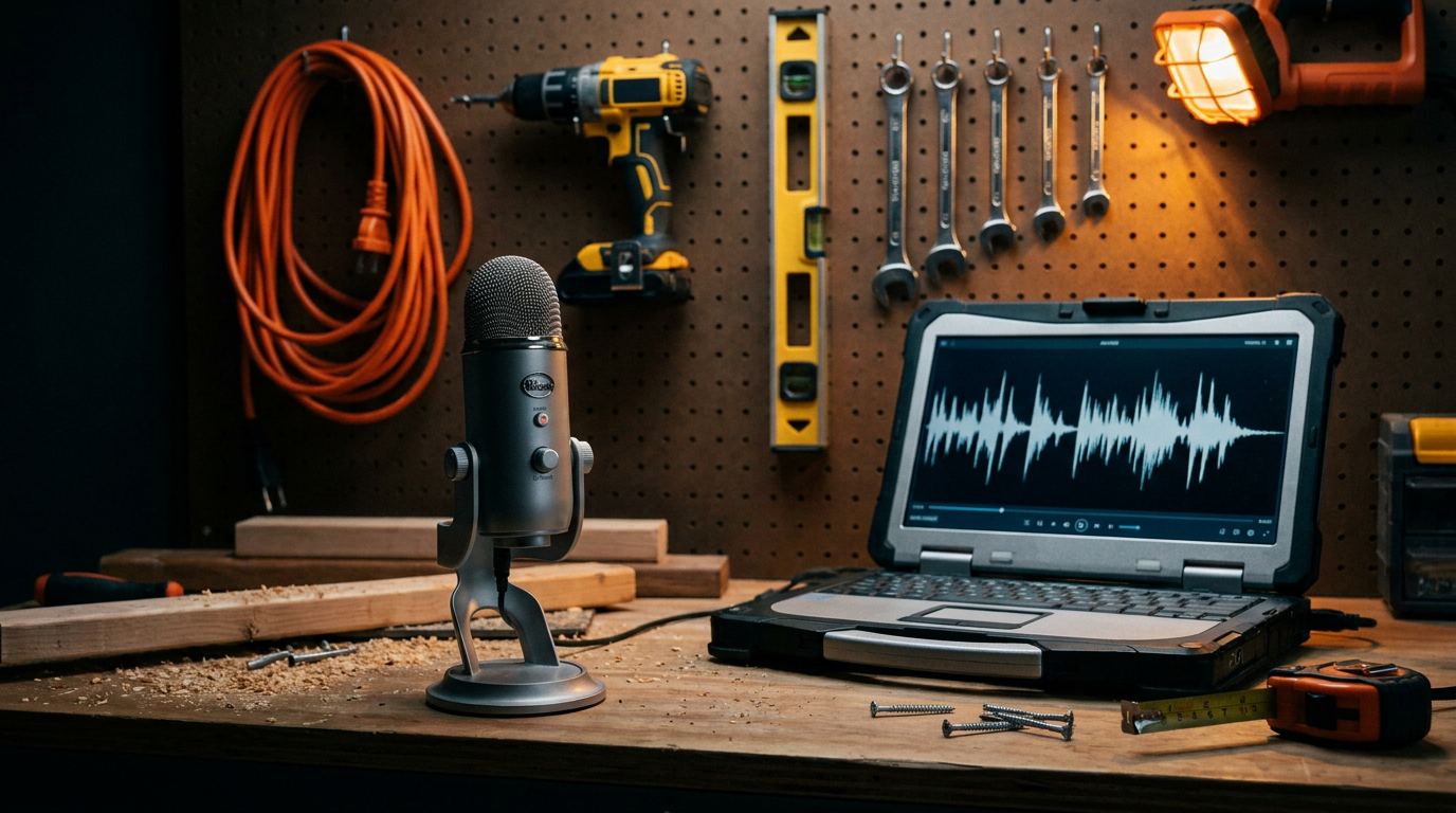 A laptop and microphone on a workbench, representing the choice between Podcastle vs Descript for a contractor's podcast.