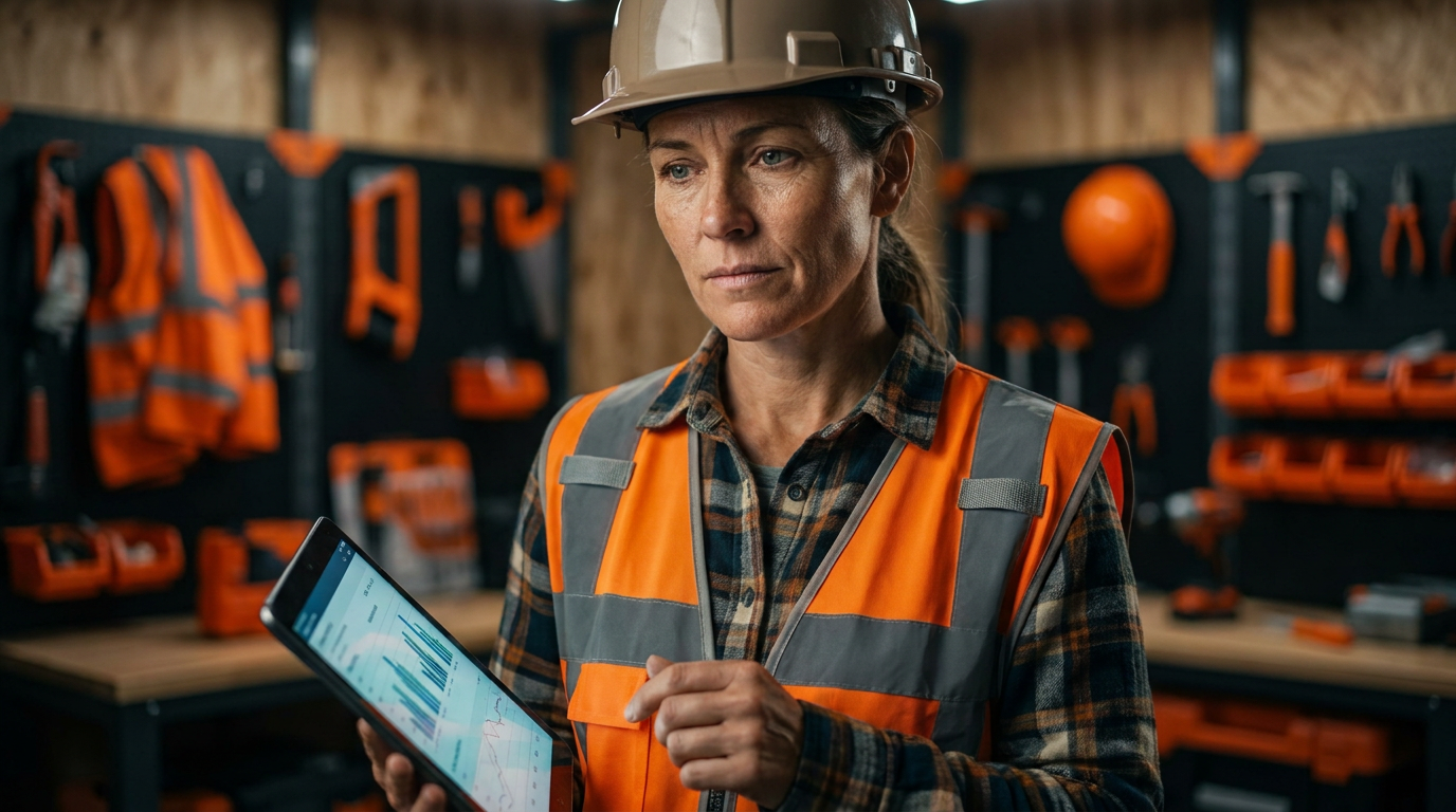 A trade business owner uses a tablet with AI for trade business cash flow management in his workshop office.