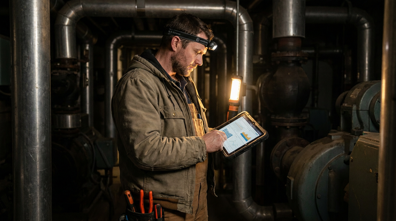 A contractor reviews predictive maintenance data on a tablet next to an industrial HVAC unit.