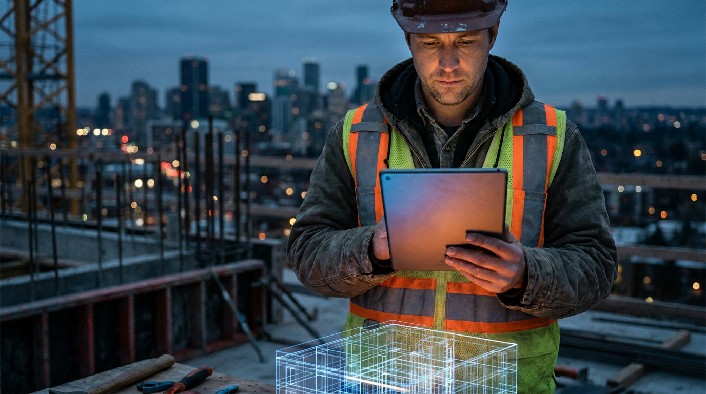 A general contractor on a jobsite reviews a project on a tablet, comparing Procore AI vs Autodesk Construction Cloud AI.