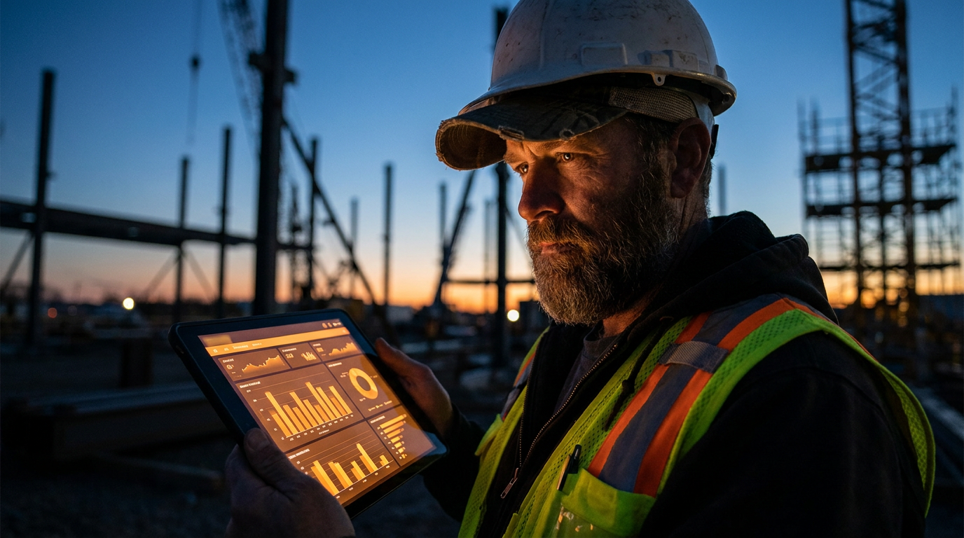 A construction manager reviews jobsite data on a tablet, comparing Procore Safety AI vs Autodesk Safety AI.