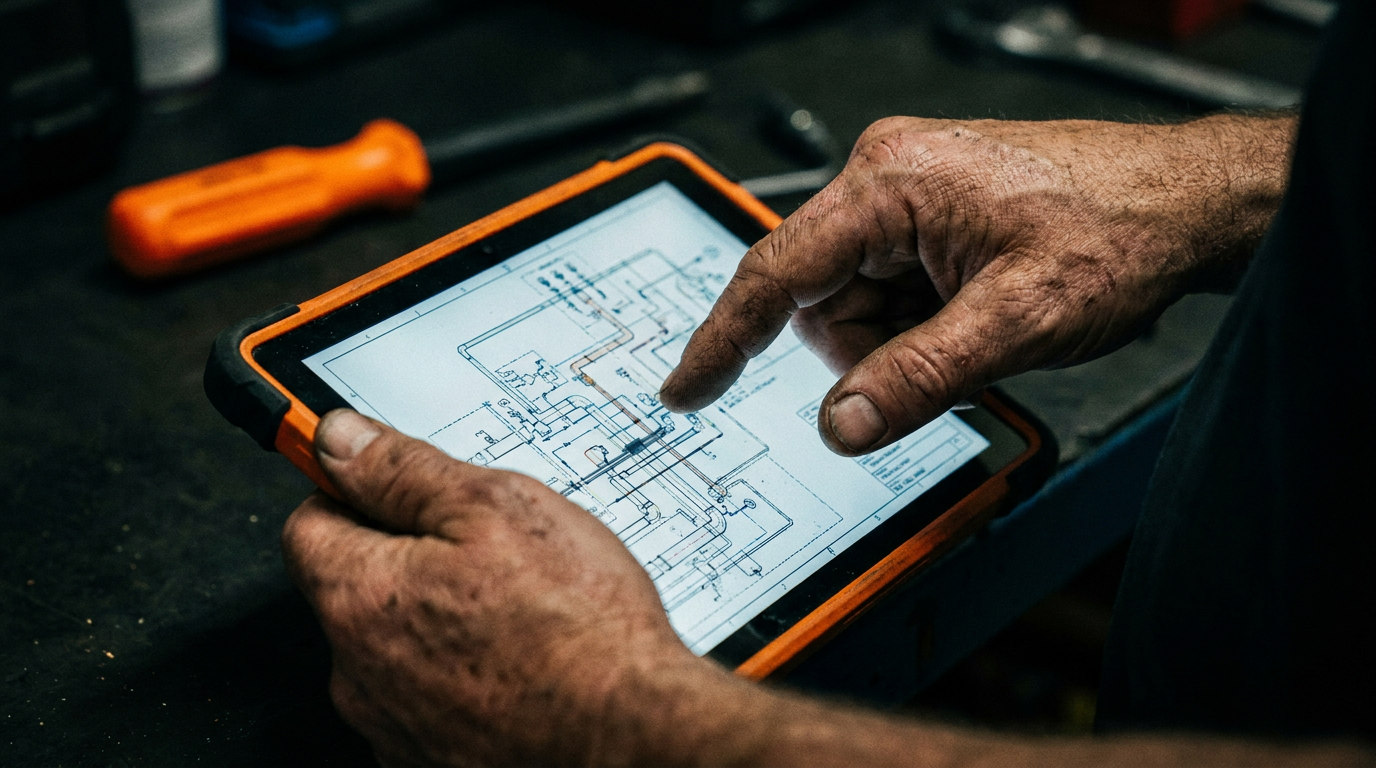 An estimator analyzing a bid on a tablet, comparing QuoteSoft vs Wendes AI features.