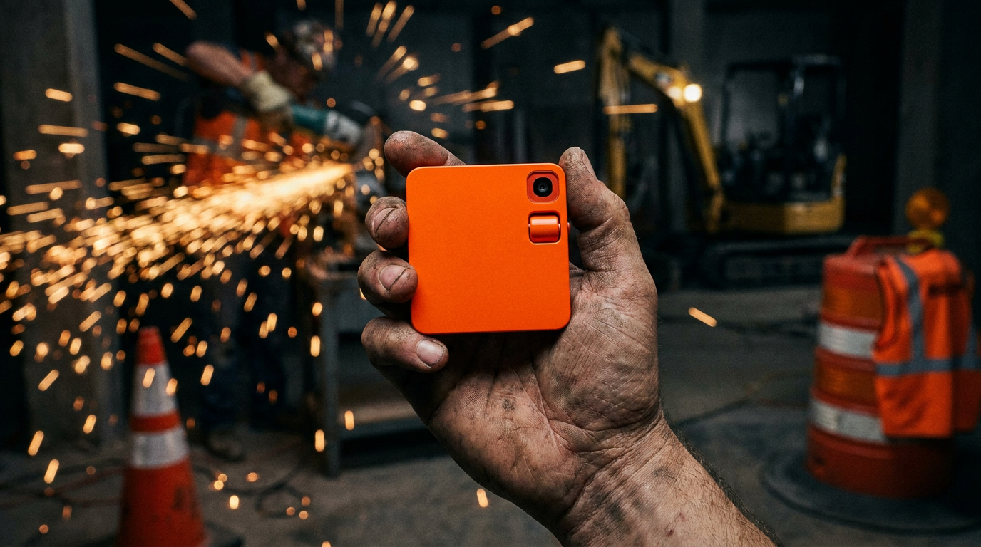A contractor holds up a small AI device, comparing the Rabbit R1 vs Humane AI Pin for jobsite use.