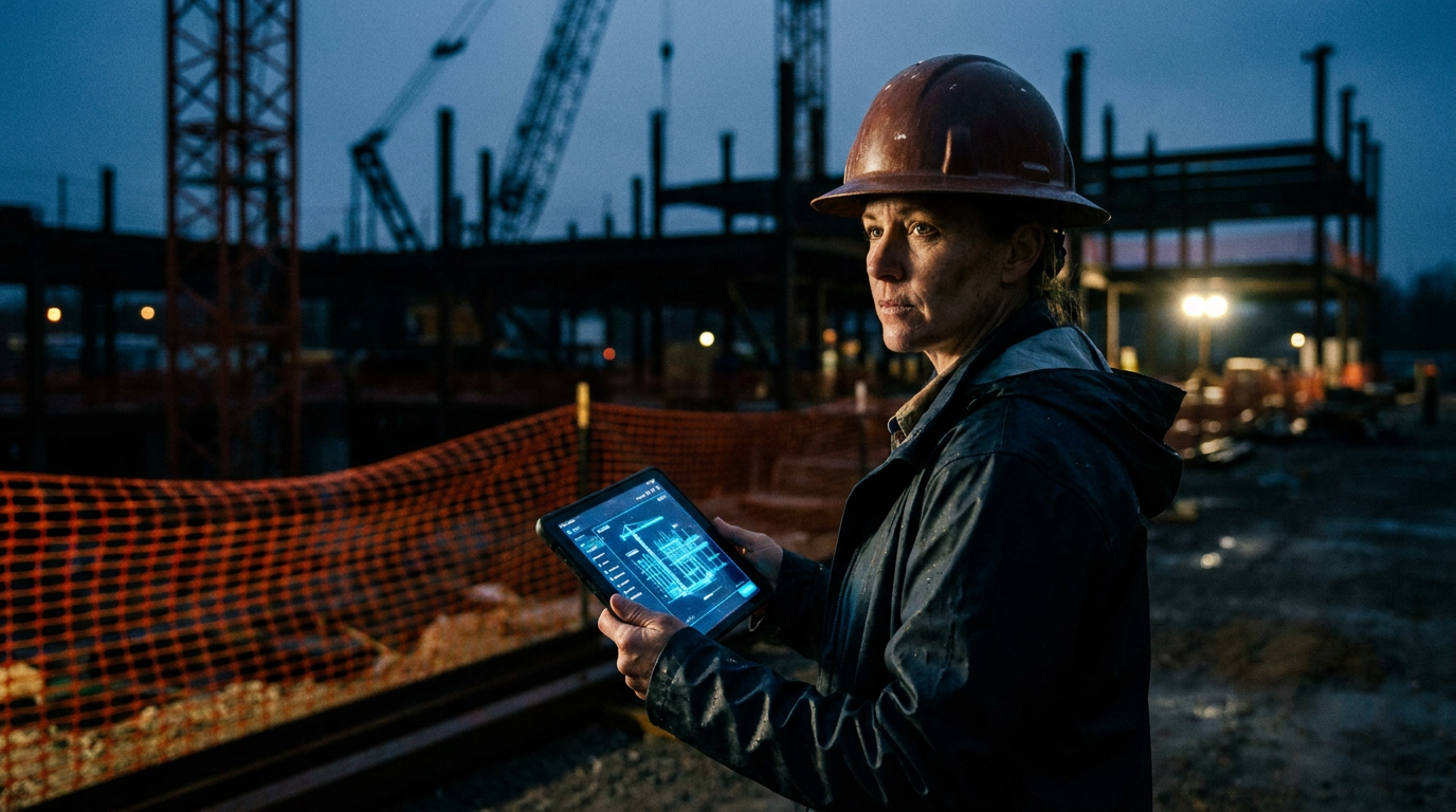 A construction manager reviews a tablet on a jobsite, comparing Raken vs Fieldwire AI features for daily reports.