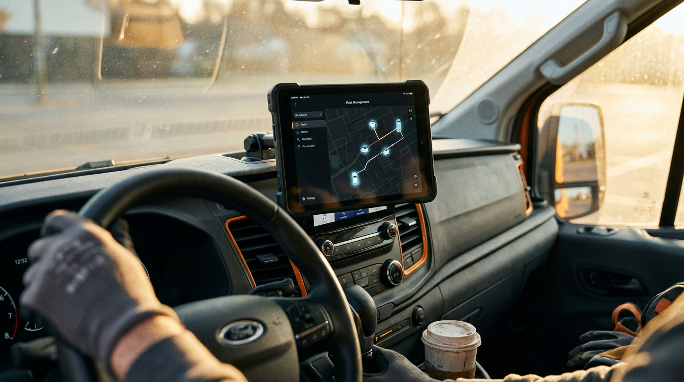 A tradesperson's work van interior, showing a tablet displaying AI fleet management software, comparing Samsara vs Verizon Connect AI features.