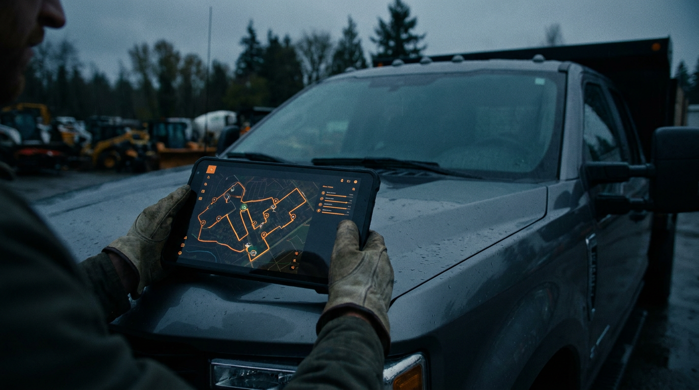 A landscaping manager reviews AI-powered route optimization on a tablet, comparing SingleOps vs Aspire AI features for his fleet.