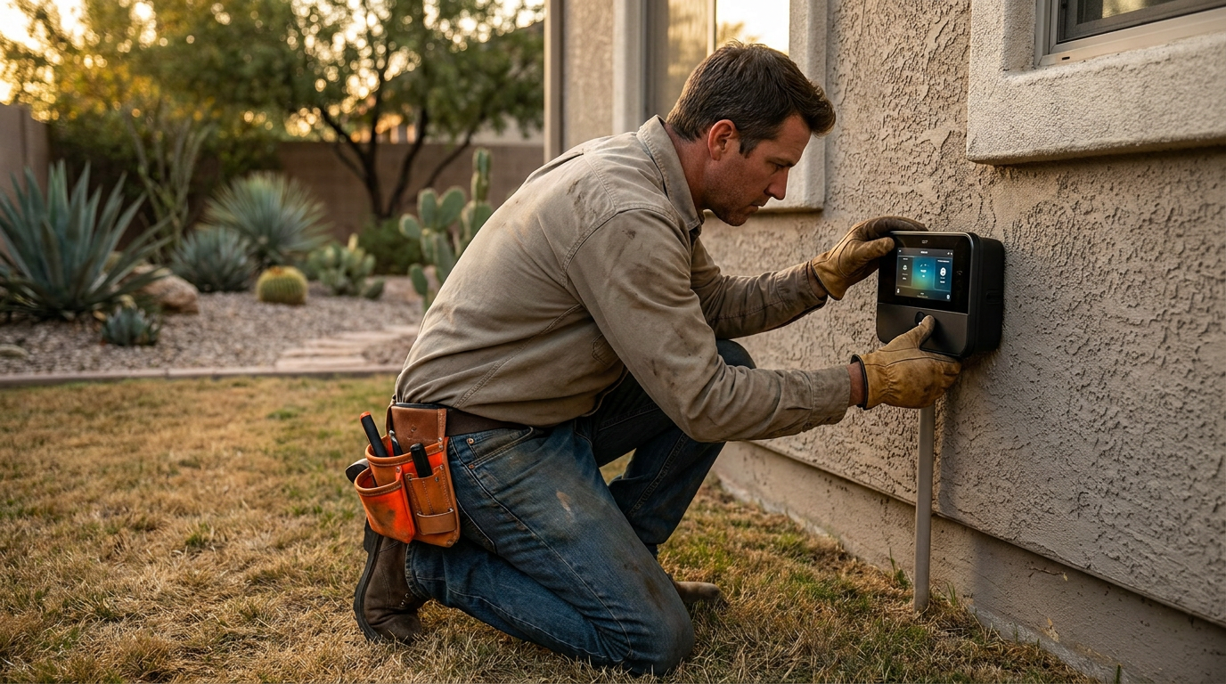 A landscaper installing one of the new AI irrigation controllers on the side of a house in the Southwest US.