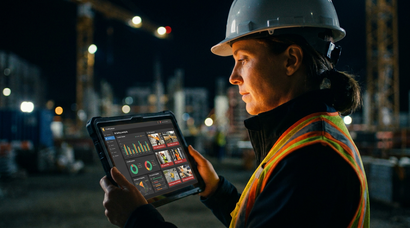 A construction manager reviews a Smartvid.io AI safety analysis report on a tablet, showing how technology can spot jobsite hazards.