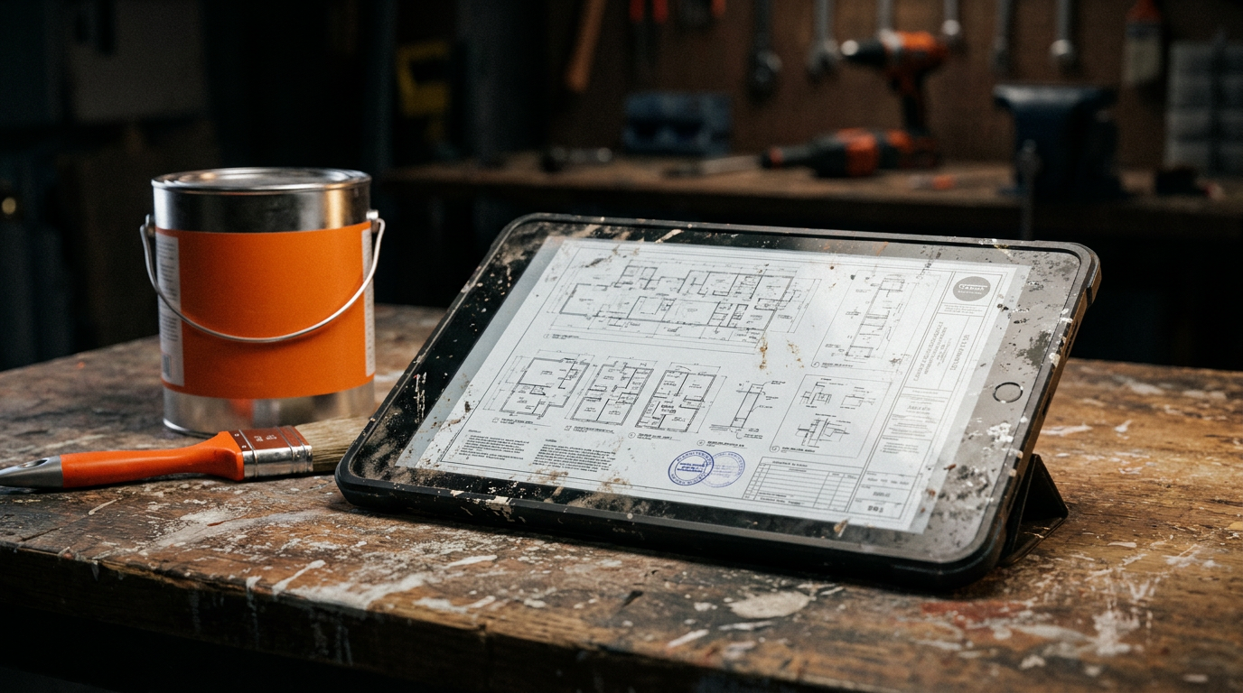 A tablet displaying a document, demonstrating the use of AI for creating paint submittals on a modern jobsite.