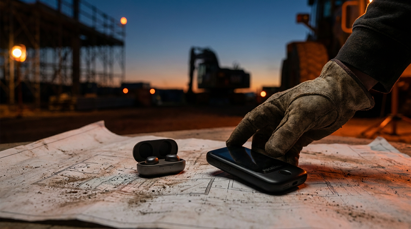 A comparison of Timekettle vs Pocketalk for construction, with the devices on a blueprint on a jobsite.