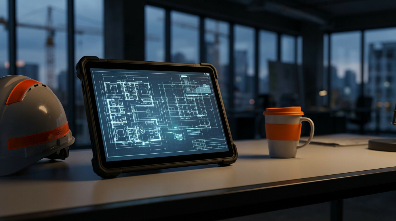A general contractor's desk showing a tablet with blueprints, illustrating a Togal.AI review for contractors.