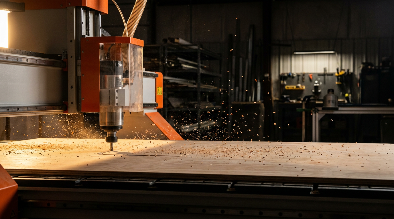 A CNC machine cutting wood in a cabinet shop, illustrating the use of TopSolid'Wood vs Mozaik AI features.