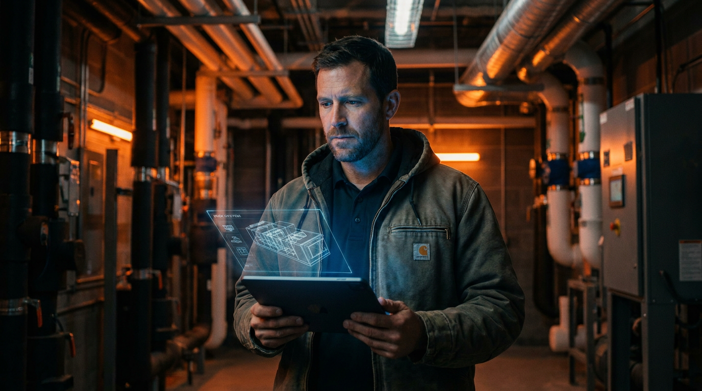 An HVAC technician uses a tablet with Trestle vs ServicePro AI software to review a commercial HVAC quote in a mechanical room.