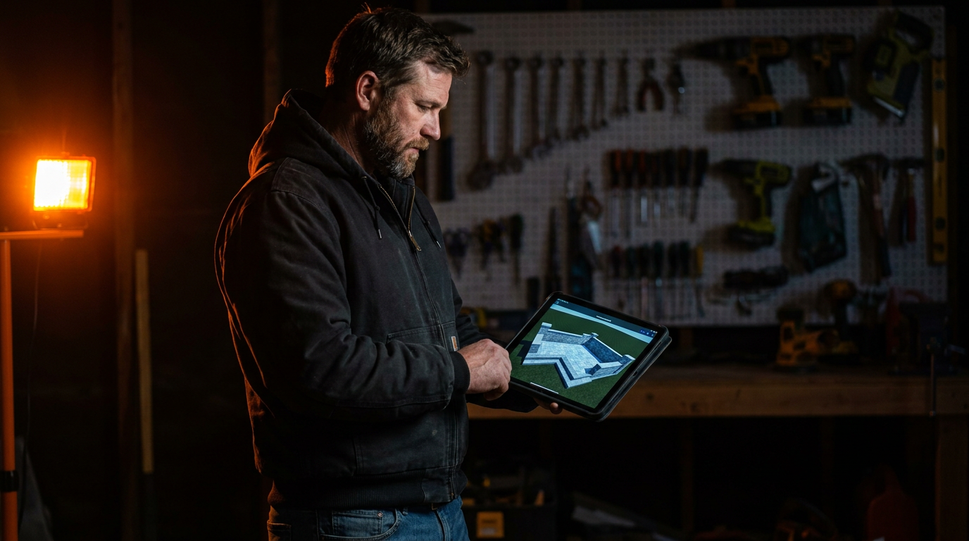 A hardscape contractor reviews a patio design on a tablet, comparing the features of Unilock U-Vision vs Belgard ART.