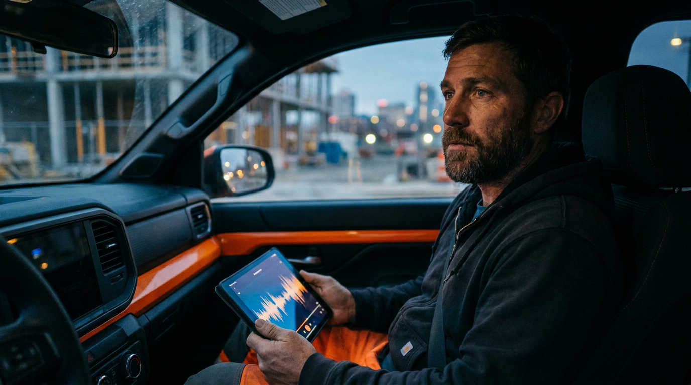 A contractor using a tablet with AI software to analyze customer phone calls in his work truck.