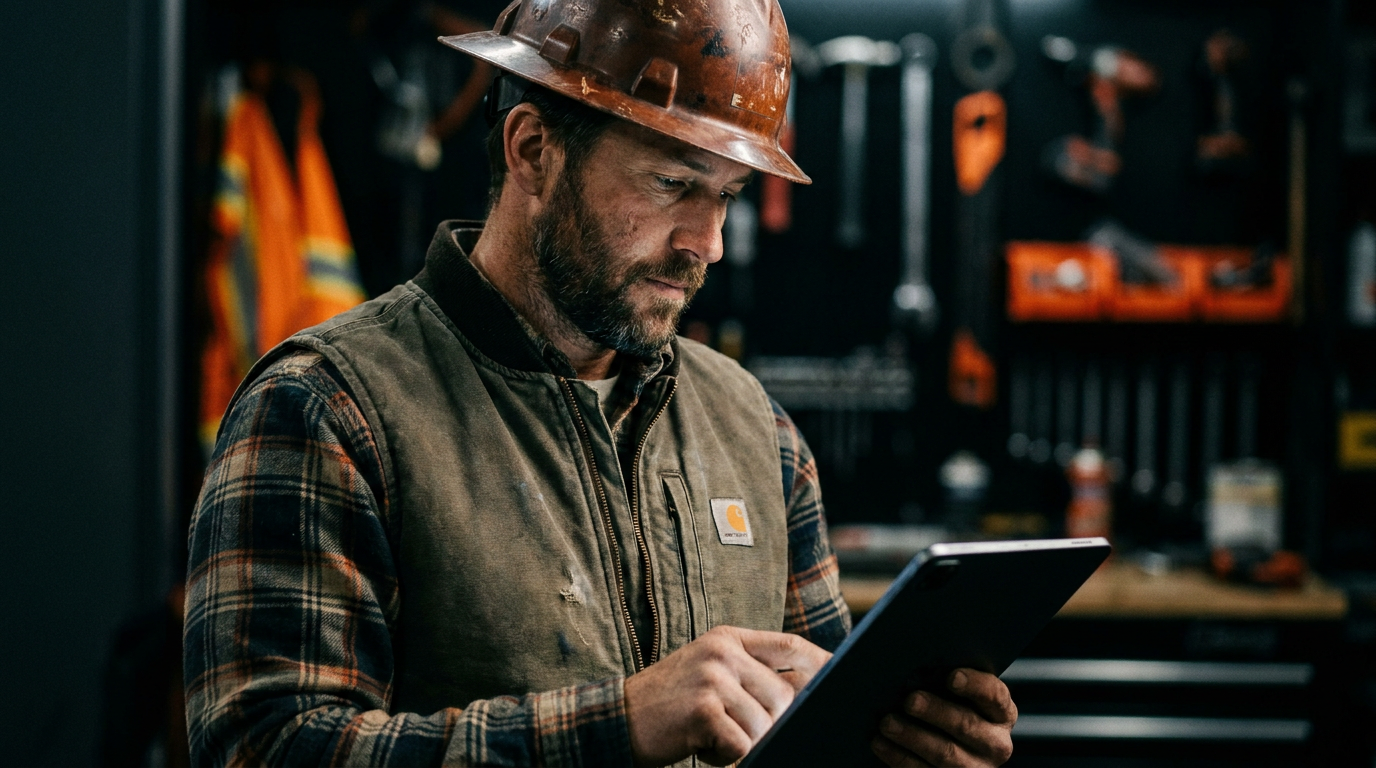 A project manager using a tablet for the process of using AI to vet new material suppliers in a workshop setting.