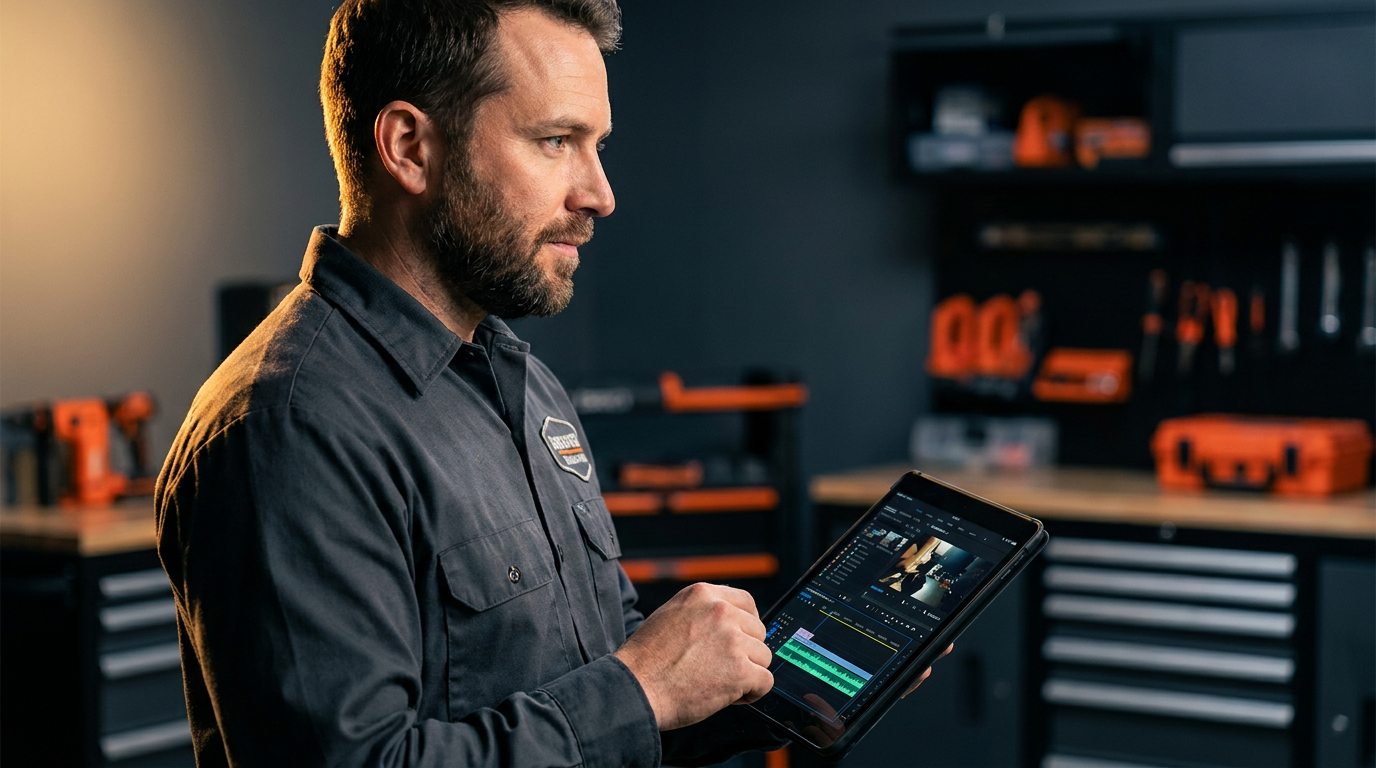 A contractor using a tablet for AI video testimonials, demonstrating how to use technology for his construction business marketing.