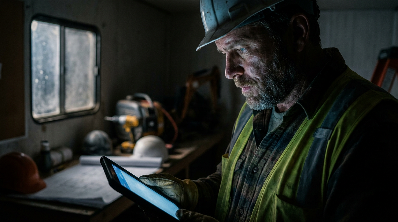 A general contractor using a tablet to review documents, demonstrating the process of using AI to win change order negotiations.
