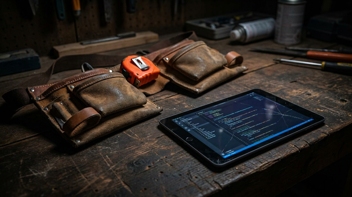 A tablet and a tool belt on a workbench, symbolizing the process of using AI to create an employee handbook for a contracting business.
