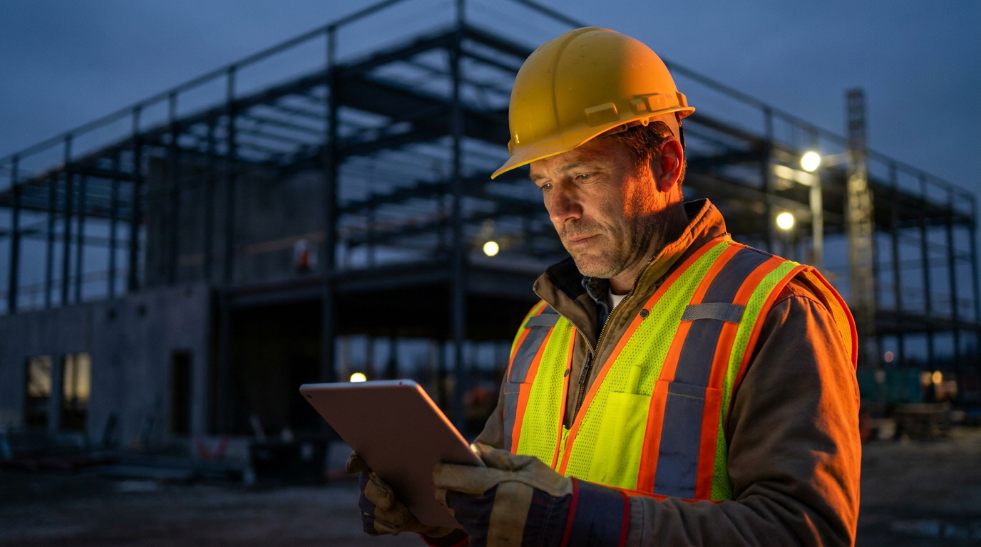A construction manager using a tablet for AI-powered value engineering on a job site.