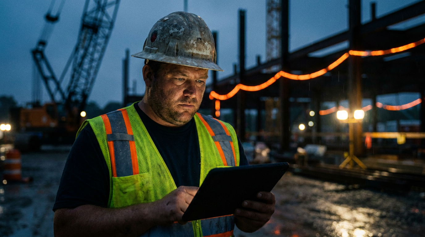 A contractor using a tablet that represents an AI copilot for contractors on a modern job site.