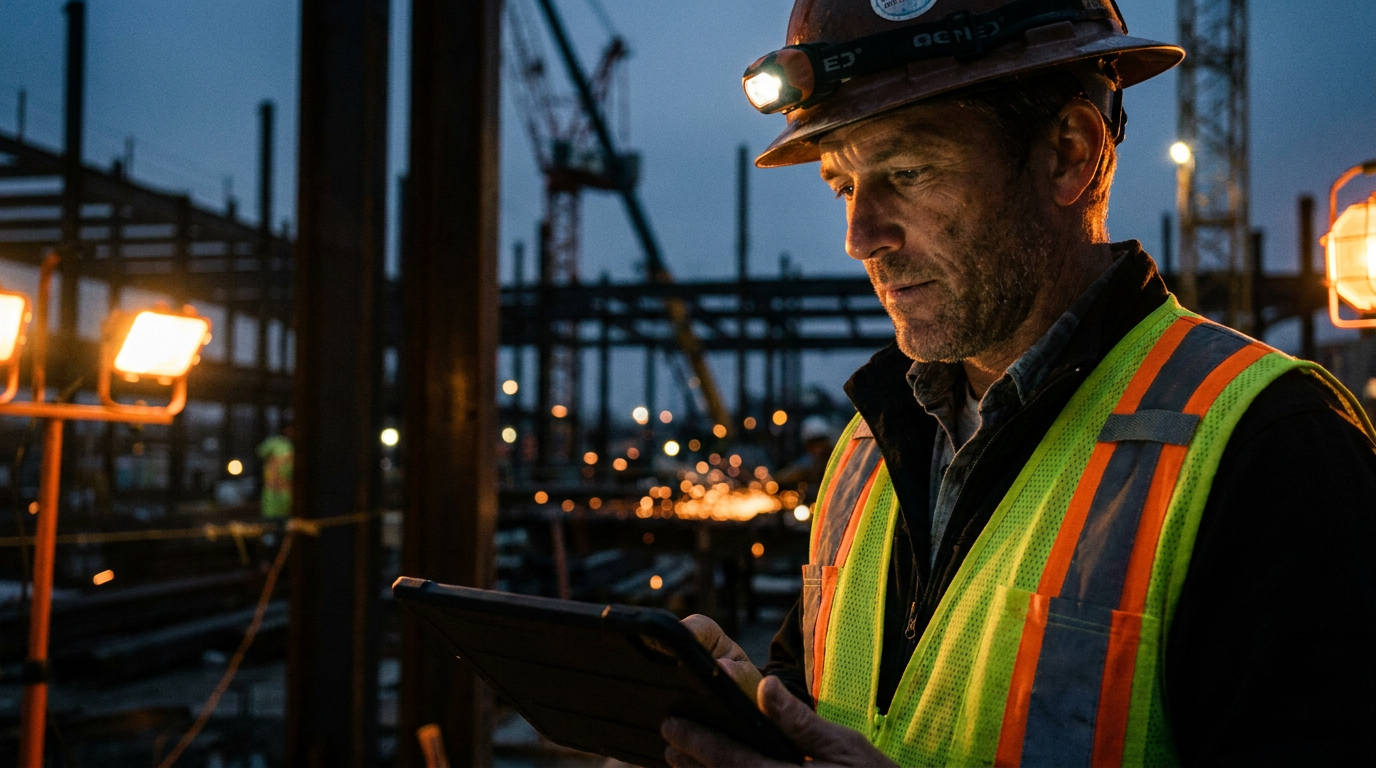 A construction manager uses a tablet on-site, demonstrating how an AI API for contractors helps manage complex project information.