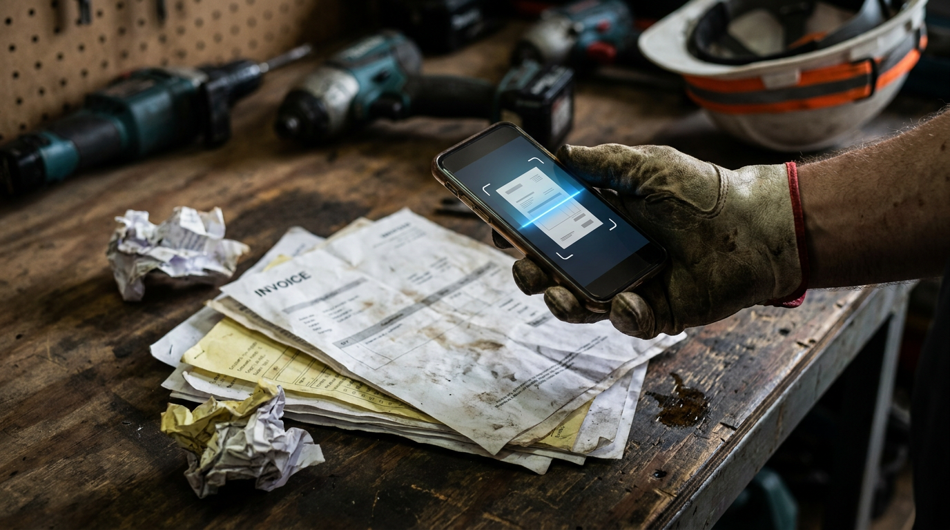 A contractor uses a smartphone app demonstrating AI OCR for contractors to scan a pile of invoices on a jobsite workbench.
