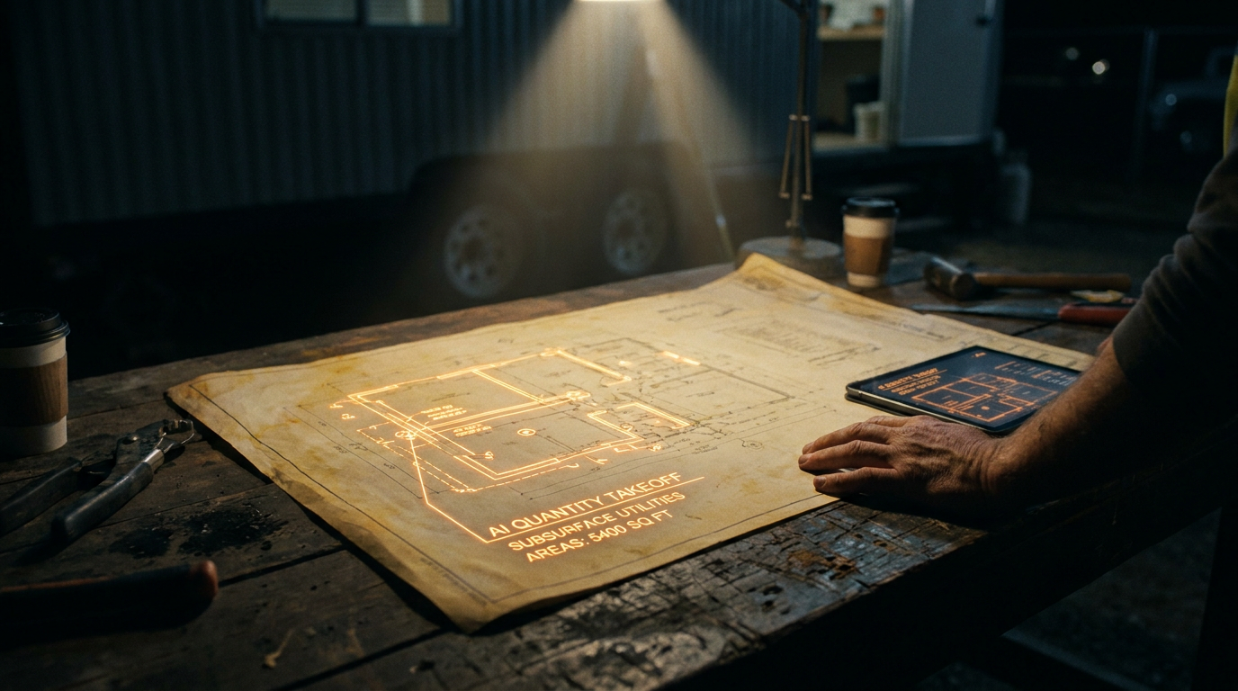 A contractor's workbench showing a blueprint being scanned by an AI-powered takeoff tool, with digital lines highlighting measurements.