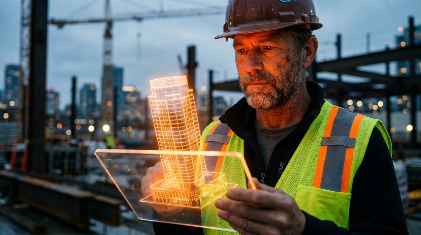 A contractor reviews a building's digital twin on a tablet, demonstrating why contractors should care about this construction technology.