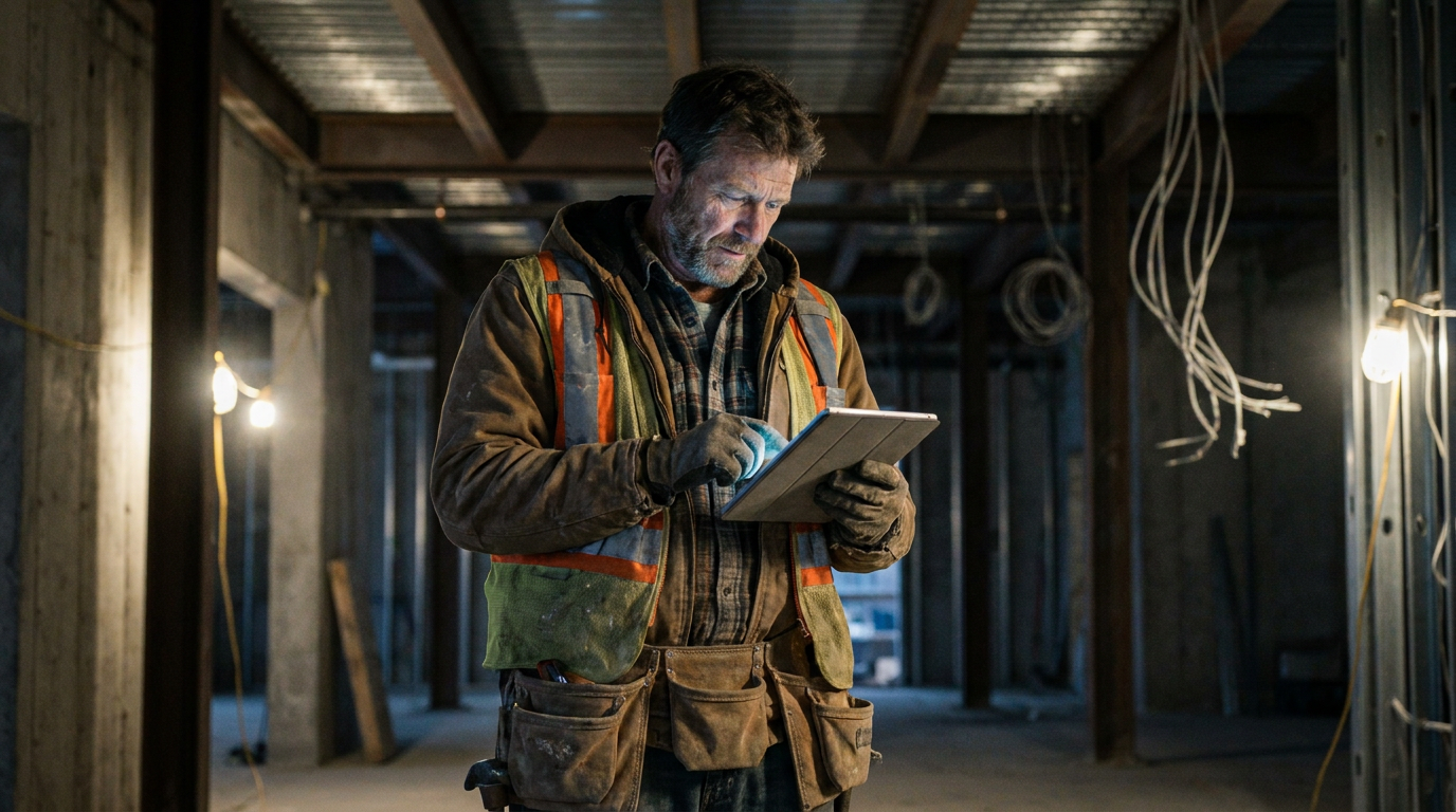 A contractor reviews jobsite data on a tablet, illustrating the concept of what is federated learning for contractors and on-device data security.