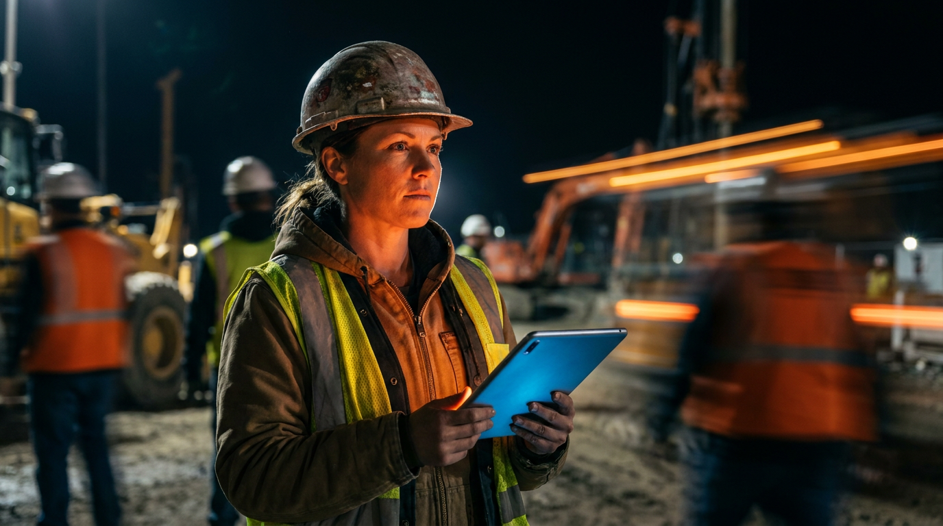 A contractor reviews jobsite data on a tablet, illustrating the concept of what is federated learning for contractors.