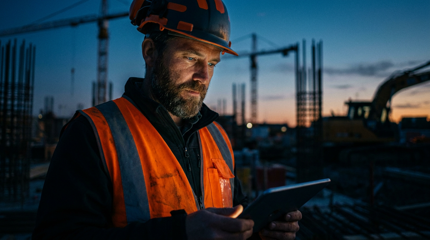 A contractor looks at a tablet on a jobsite, illustrating the concept of what is federated learning for contractors and how it protects business data.