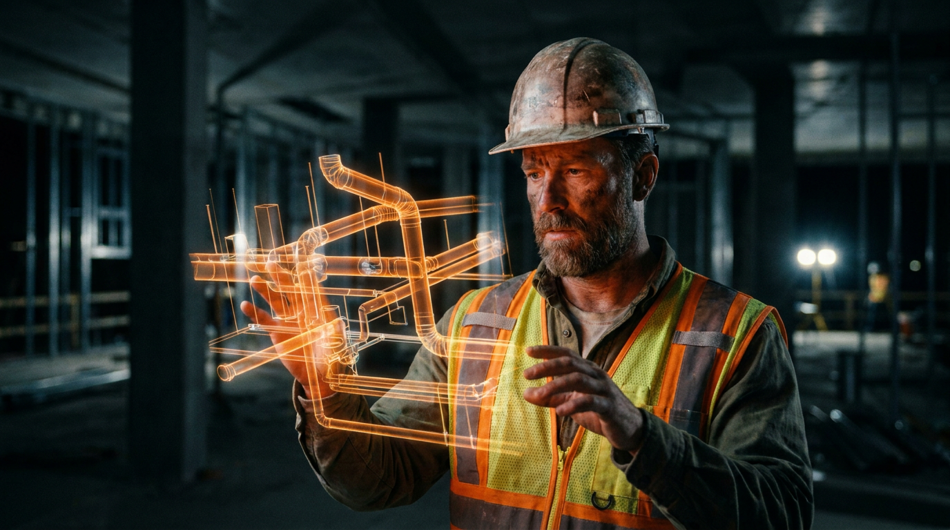 A construction manager reviewing a complex, optimized building system layout using generative design on a holographic display.