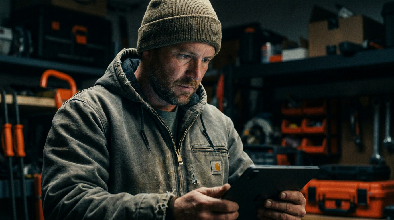 A contractor using a tablet to interact with a large language model for their business.
