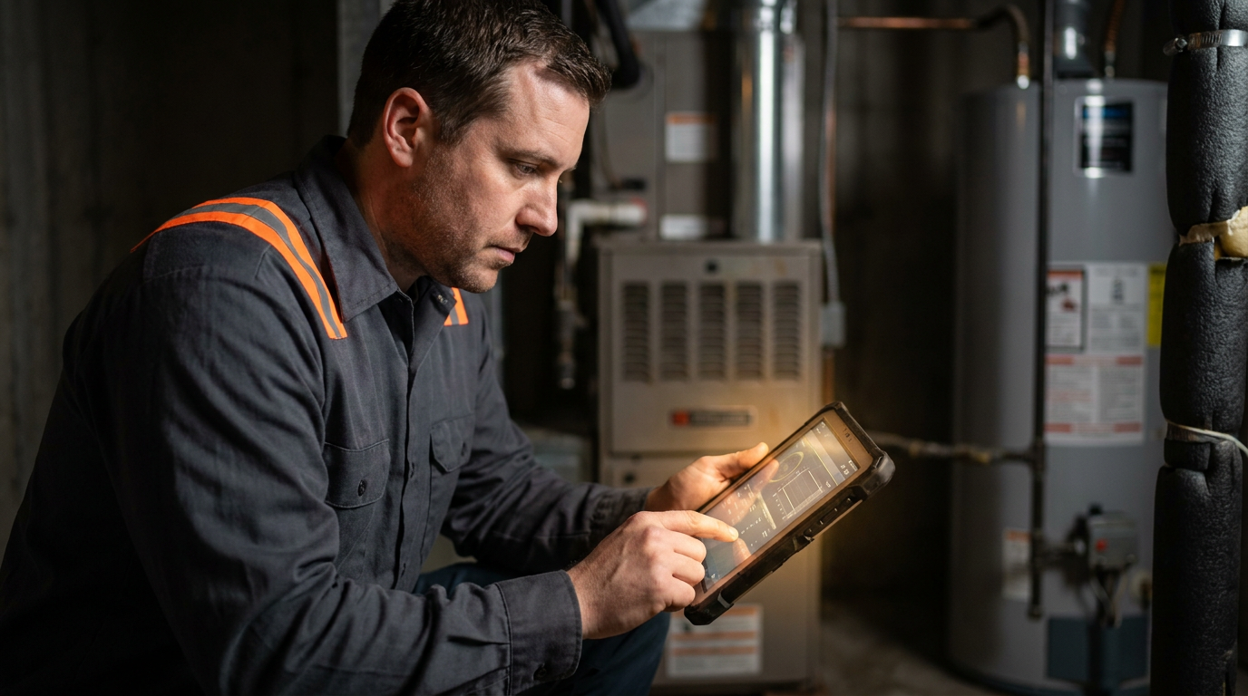 A tradesperson in a basement uses a tablet, demonstrating what is retrieval-augmented generation for trades to get jobsite information.