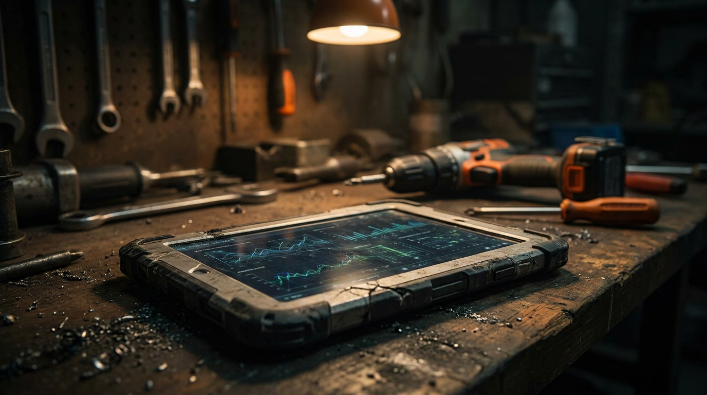 A digital tablet on a workbench displaying charts, symbolizing the process of using AI to analyze historical bid data for construction jobs.