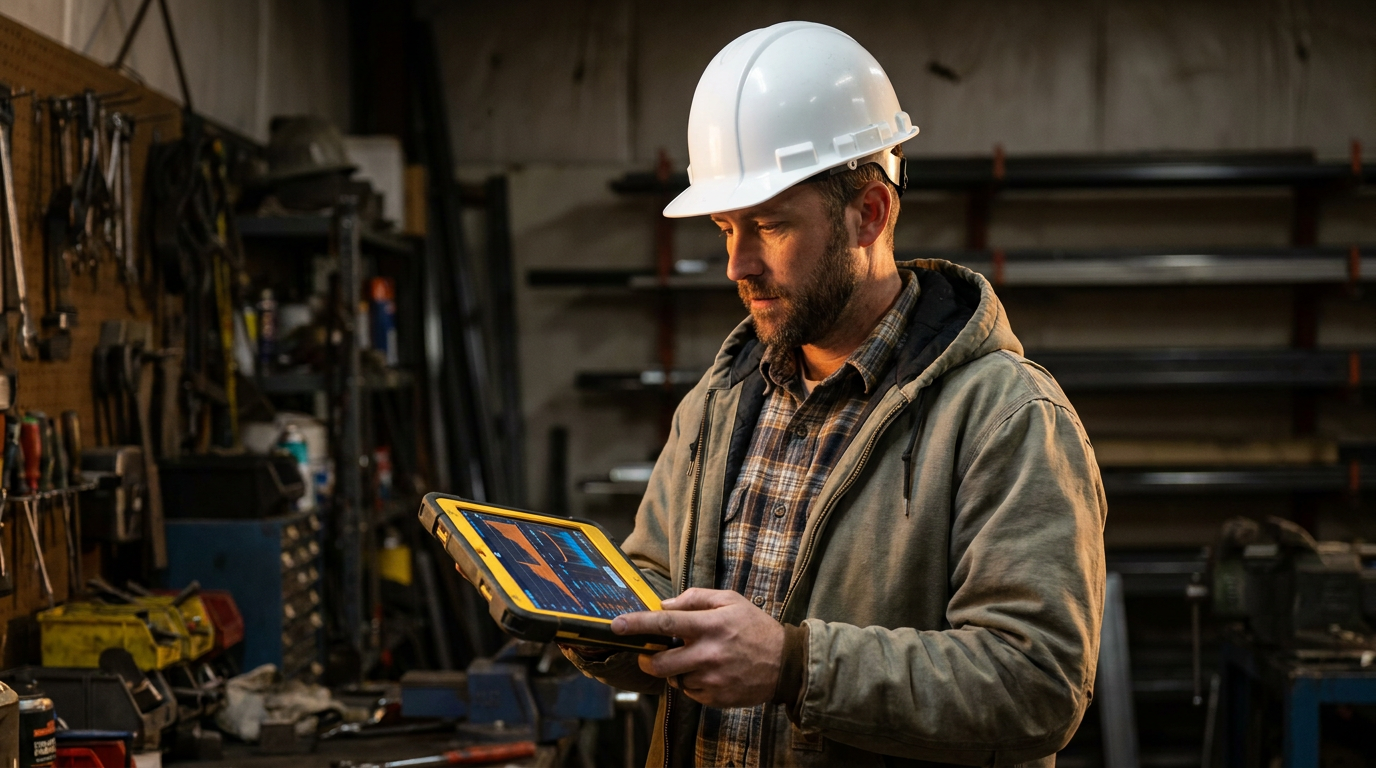 A tradesperson uses a tablet showing data visualizations, representing a comparison of Workiz vs FieldPulse AI features.
