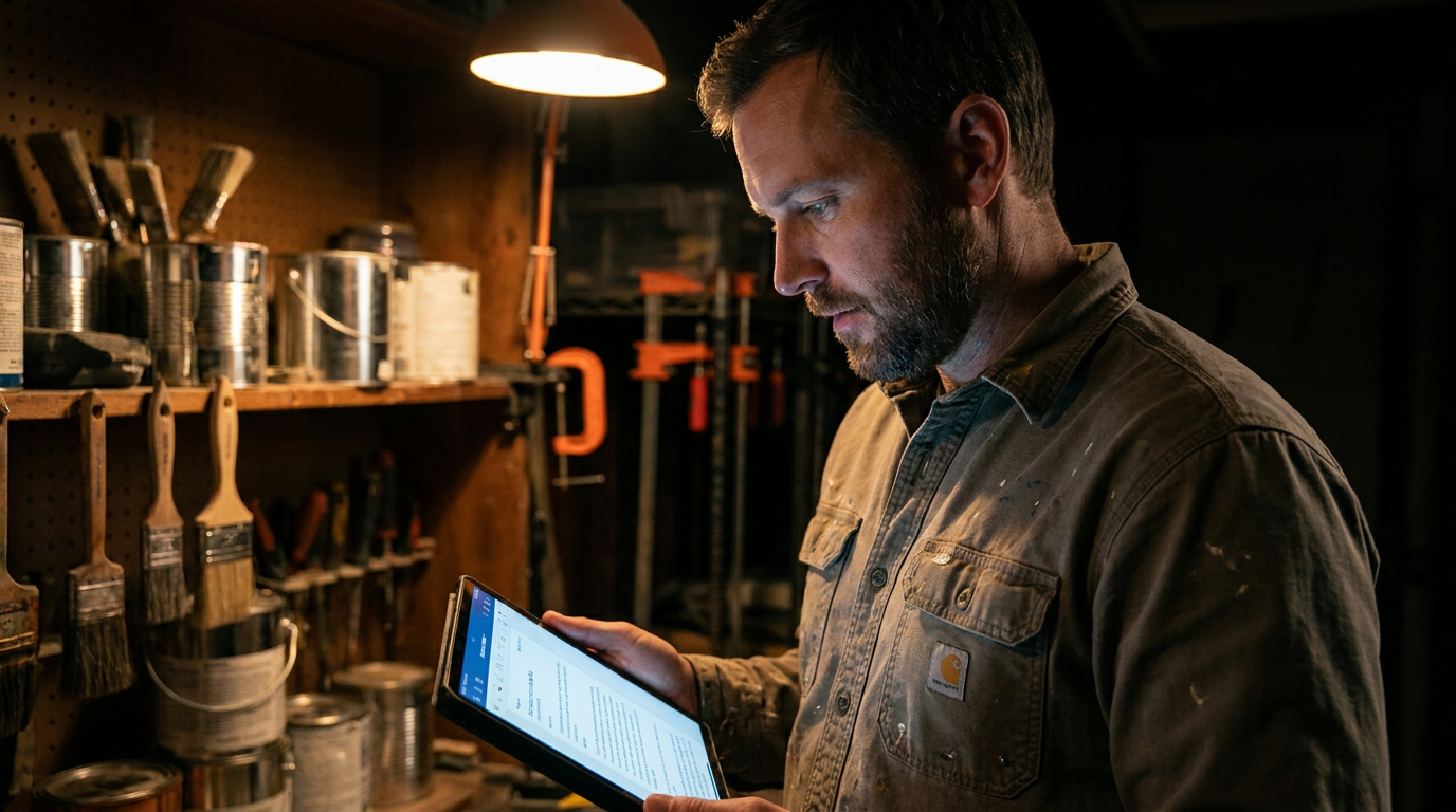 A professional painter reviews a digital document on a tablet, considering if AI can help write a painter's contract for his business.