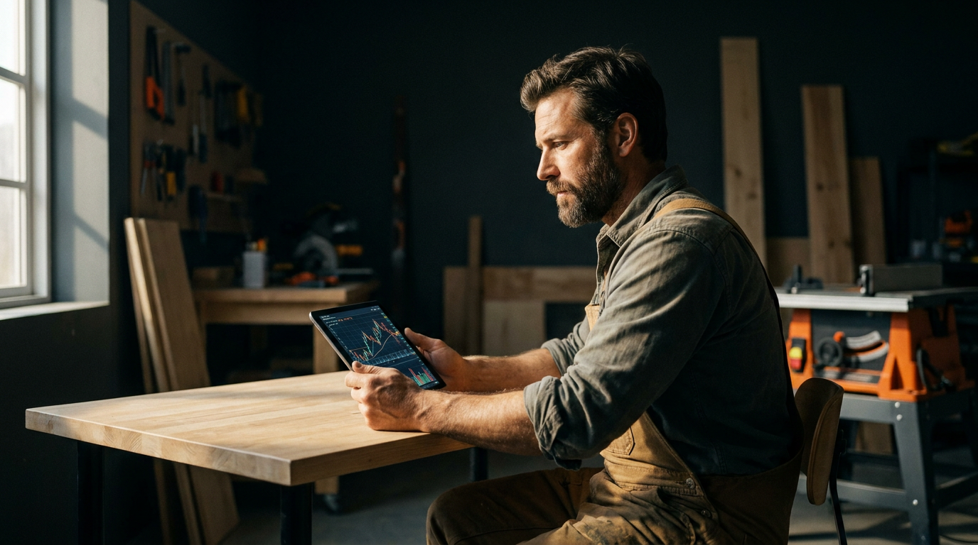 A contractor reviews his business finances on a tablet, demonstrating the use of Xero AI features for trade businesses.