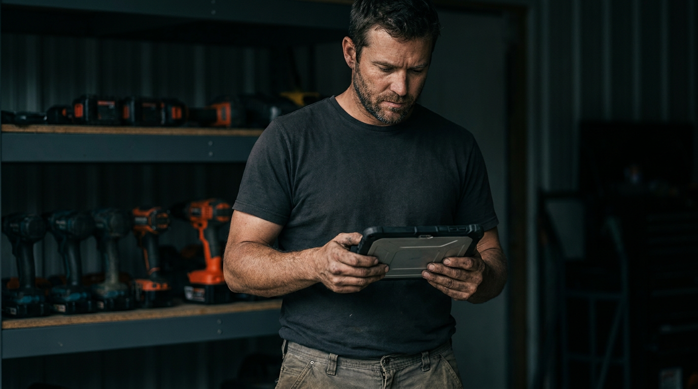 A landscaper reviews job data on a rugged tablet, comparing Yardbook vs LMN AI features for his business.